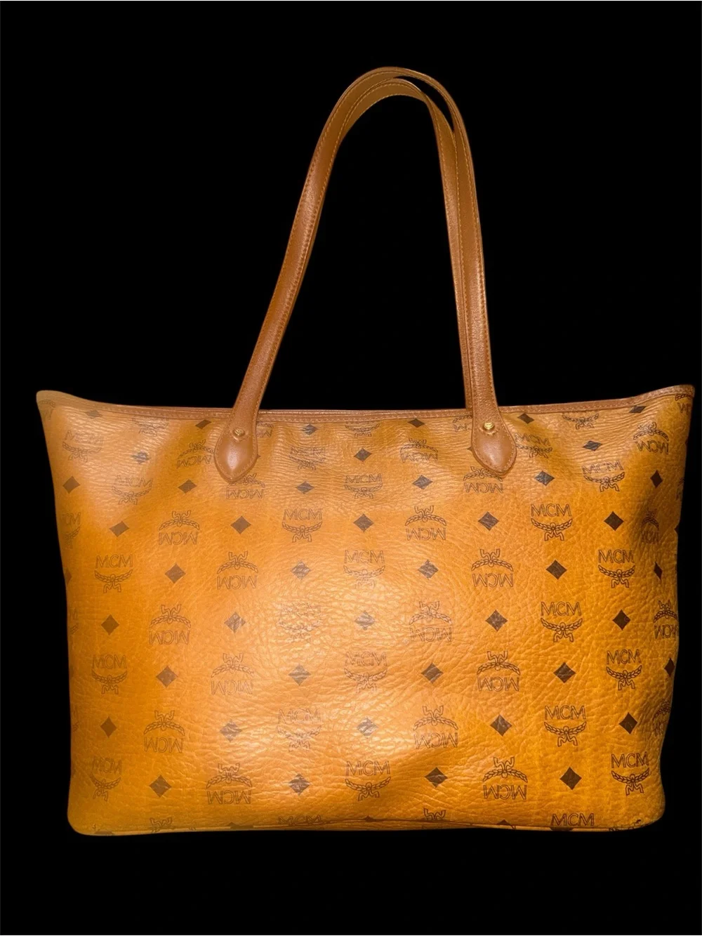 MCM Cognac Monogram Stripe Tote with Blue and Orange Center Stripe